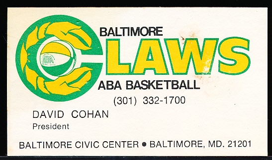 1975 Baltimore Claws ABA Business Card- President David Cohan