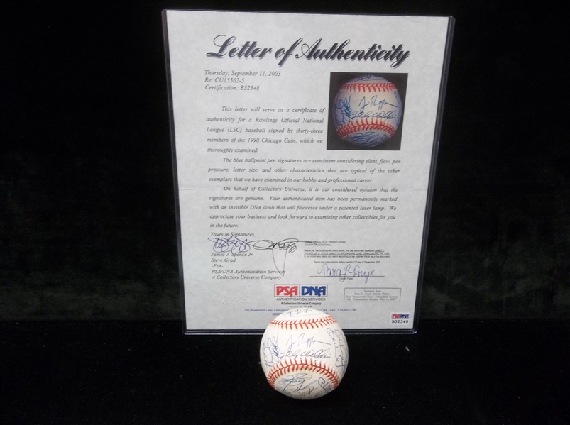 Autographed 1998 Chicago Cubs Official NL Baseball- 33 Signatures- PSA/DNA LOA