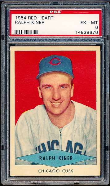 1954 Red Heart Baseball- Ralph Kiner, Cubs- PSA Ex-Mt 6