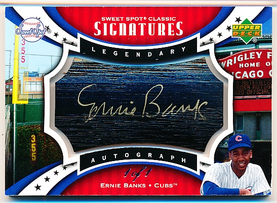 2007 UD Sweet Spot Classic Bb- “Signatures Black Barrel Gold Ink”- #SPS-EB Ernie Banks, Cubs- 1 of 1