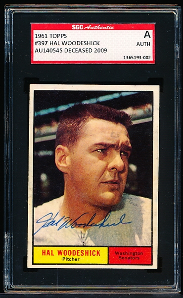 1961 Topps Baseball Autographed Card- #397 Hal Woodeshick, Washington- SGC Authentic