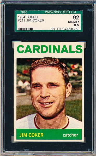 1964 Topps Baseball- #211 Jim Coker, Cardinals- SGC 92 (NM/Mt+ 8.5)