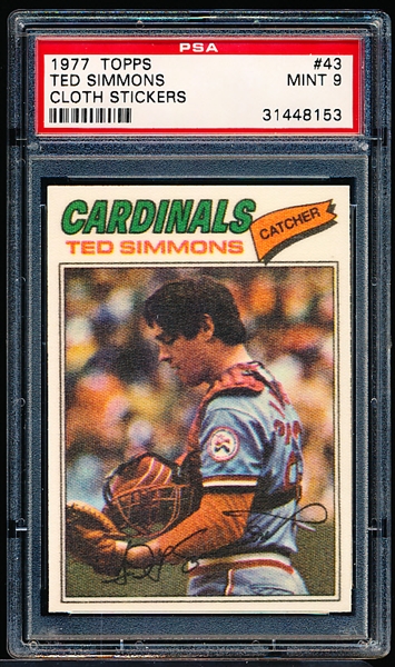 1977 Topps Bb Cloth Sticker- #43 Ted Simmons, Cardinals- PSA Mint 9