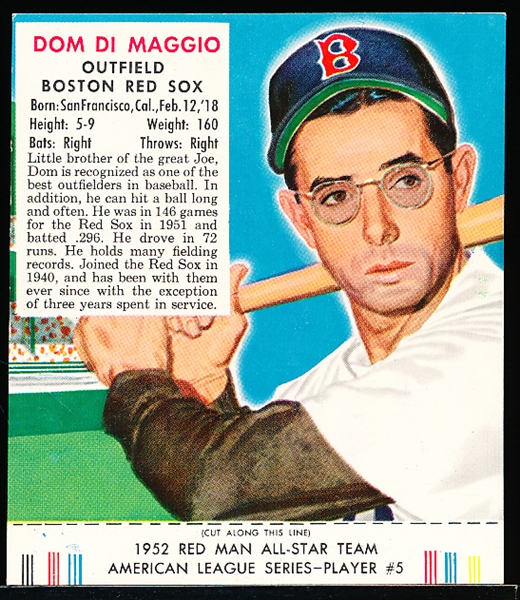 1952 Red Man Tobacco Bb with Tab- AL #5 Dom DiMaggio, Boston Red Sox