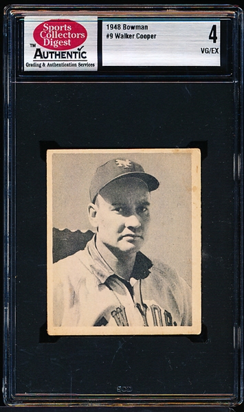 1948 Bowman Baseball- #9 Walker Cooper, Giants- SCD Authentic 4 (Vg-Ex)