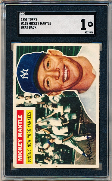 1956 Topps Baseball- #135 Mickey Mantle, Yankees- SGC 1 (Poor)- Gray back