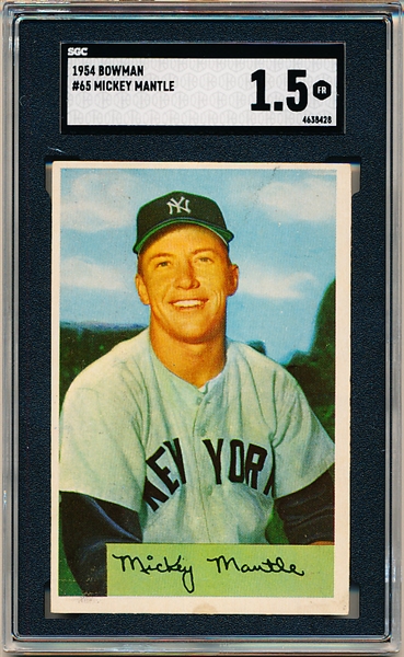 1954 Bowman Baseball- #65 Mickey Mantle, Yankees- SGC 1.5 (Fair)