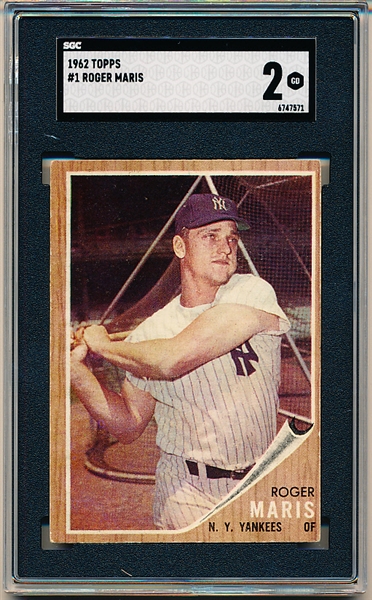 1962 Topps Baseball- #1 Roger Maris, Yankees- SGC 2 (Good)