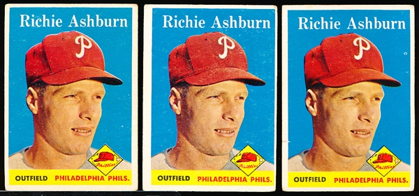 1958 Topps Bb- #230 Richie Ashburn, Phils- 3 Cards