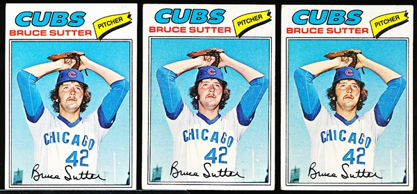 1977 Topps Bsbl. #144 Bruce Sutter RC, Cubs- 3 Cards