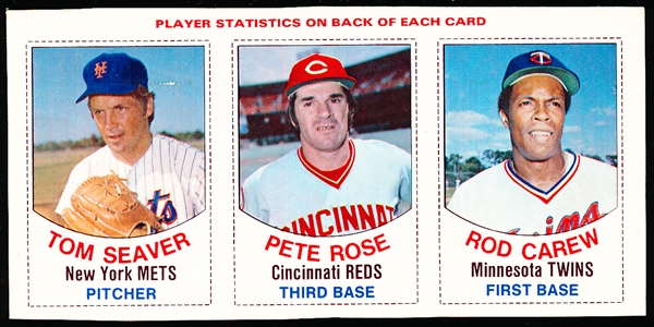 1977 Hostess Baseball 3-Card Uncut Panel- #7 Seaver/ 8 Rose/ 9 Carew