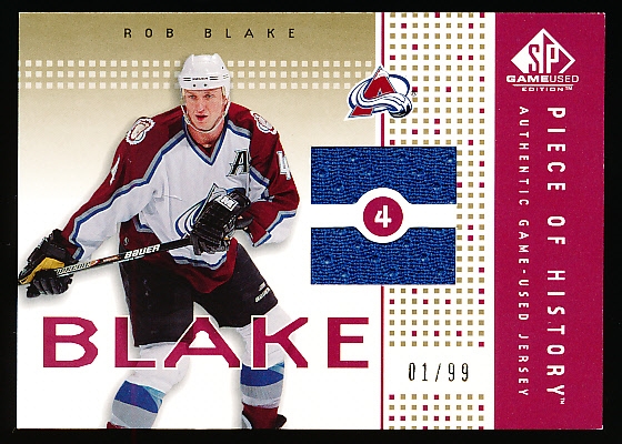 2002-03 SP Game Used Hockey- “Piece of History Gold”- #PH-RO Rob Blake, Avs- #01/99