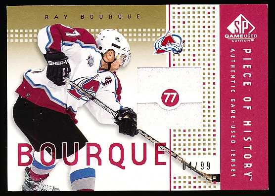 2002-03 SP Game Used Hockey- “Piece of History Gold”- #PH-BQ Ray Bourque, Avs- #04/99