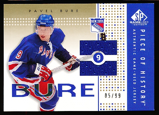 2002-03 SP Game Used Hockey- “Piece of History Gold”- #PH-PB Pavel Bure, Rangers- #05/99