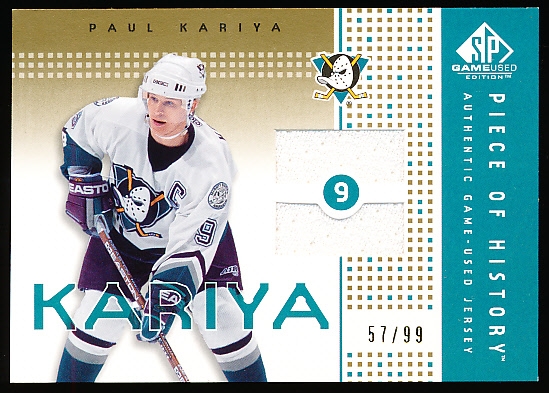 2002-03 SP Game Used Hockey- “Piece of History Gold”- #PH-PK Paul Kariya, Ducks- #57/99