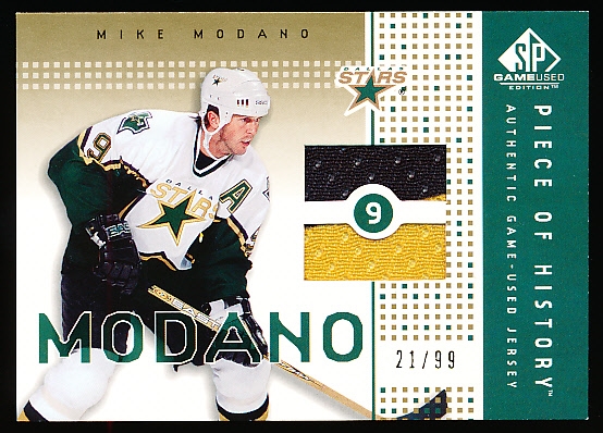 2002-03 SP Game Used Hockey- “Piece of History Gold”- #PH-MM Mike Modano, Stars- #21/99