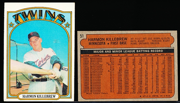 1972 Topps Bb- #51 Harmon Killebrew, Twins- 7 Cards