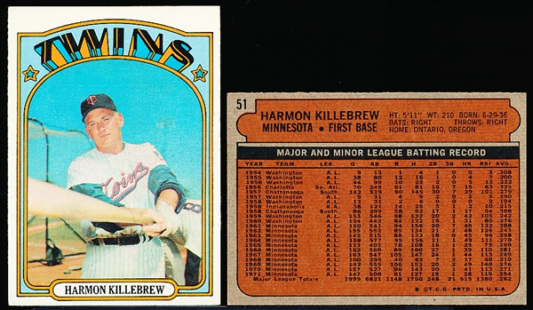 1972 Topps Bb- #51 Harmon Killebrew, Twins- 16 Cards