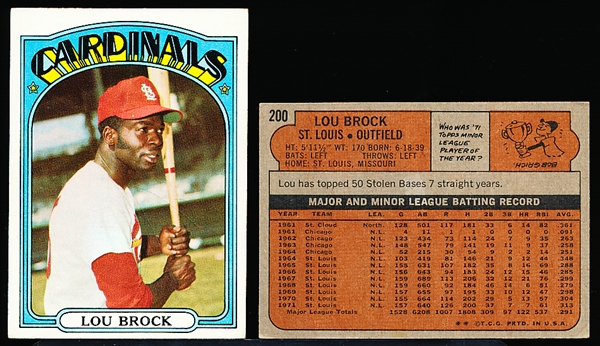 1972 Topps Bb- #200 Lou Brock, Cardinals- 13 Cards