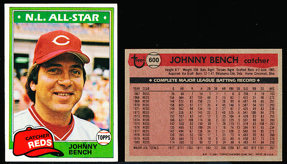 Lot Detail 1981 Topps Bb 600 Johnny Bench Reds 30 Cards