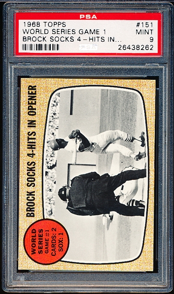 1968 Topps Baseball- #151 World Series Game 1- Brock Socks 4 Hits- PSA Mint 9