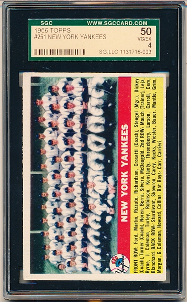 1956 Topps Baseball- #251 Yankees Team- SGC 50 (Vg-Ex 4)