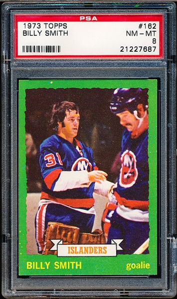 1973-74 Topps Hockey- #162 Billy Smith, Islanders- PSA Nm-Mt 8