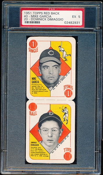 1951 Topps Red Back- 2 Card Panel- #40 Mike Garcia/ #20 Dom DiMaggio-PSA Ex 5