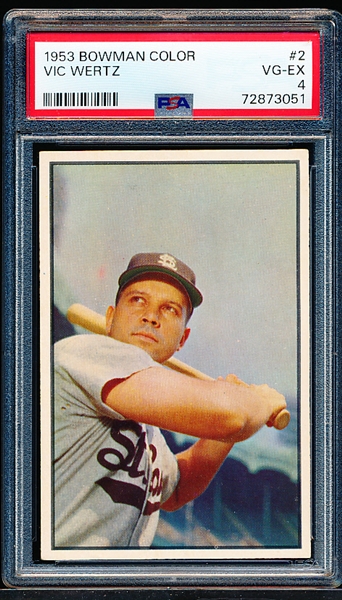 1953 Bowman Color Baseball- #2 Vic Wertz, St. Louis Browns- PSA Vg-Ex 4