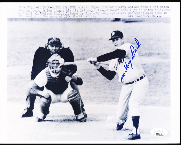 Autographed Mickey Lolich Detroit Tigers MLB B/W 8” x 10” Repro of a Press Photo showing him hitting his Only MLB HR- JSA Certified
