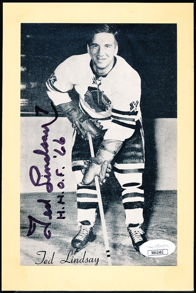 Autographed Ted Lindsay 1960’s Chicago Black Hawks NHL Beehive Photo- JSA Sticker Certified