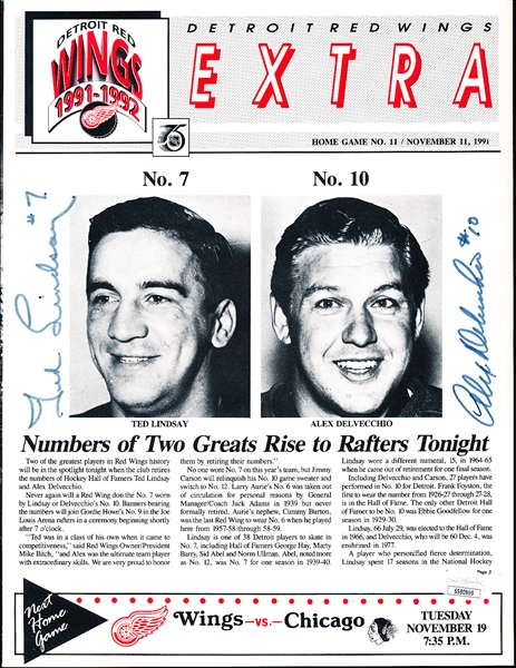 Autographed November 11, 1991 Detroit Red Wings Extra NHL Magazine- Signed by Alex Delvecchio and Ted Lindsay- JSA Certified