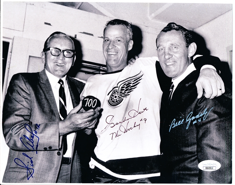 Autographed Sid Abel, Bill Gadsby, and Gordie Howe Detroit Red Wings NHL B/W 8” x 10” Photo- JSA Certified