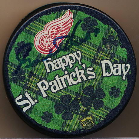 Autographed Gordie Howe R. Rubena “Happy St. Patrick’s Day” Detroit Red Wings Logo Puck- JSA Certified