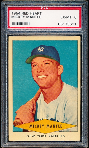 1954 Red Heart Baseball- Mickey Mantle, Yankees- PSA Ex-Mt 6