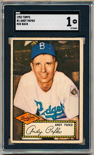 1952 Topps Baseball- #1 Andy Pafko, Brooklyn- SGC 1 (Poor)- Red back.