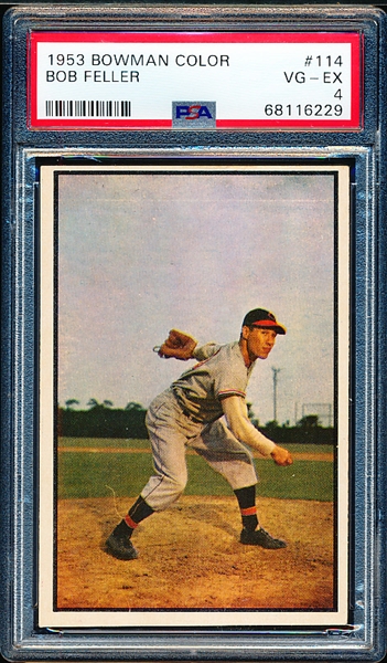 1953 Bowman Color Baseball- #114 Bob Feller, Indians- PSA Vg-Ex 4