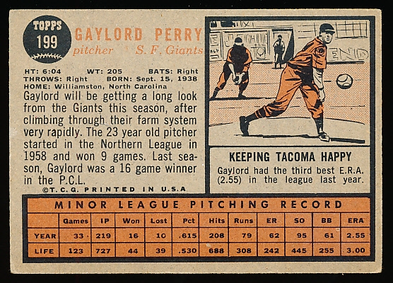 Lot Detail 1962 Topps Bb 199 Gaylord Perry RC