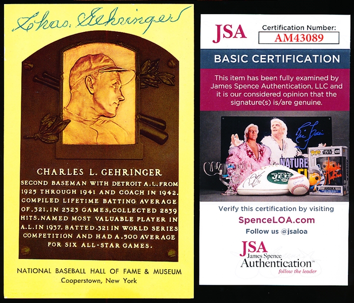 Lot Detail Autographed Chas Gehringer Yellow HOF Plaque Postcard