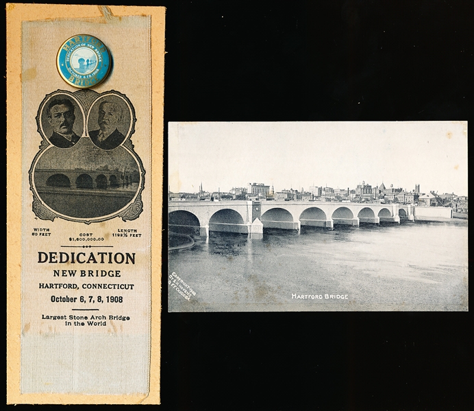 October 6-8, 1908 Hartford, CT New Bridge Dedication Ribbon (Featuring BB HOFer Morgan Bulkeley), Pin, & Postcard