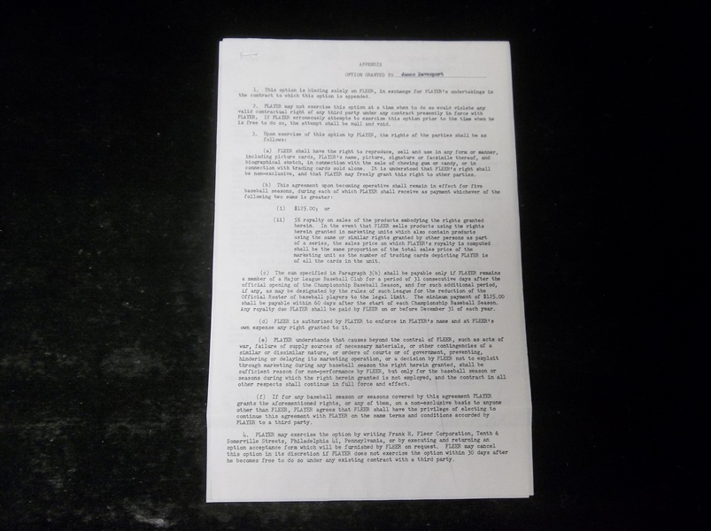 1958 Fleer Corp. MLB Rights Contract with an Option Addendum for Jim Davenport