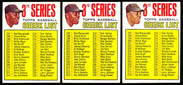 1967 Topps Bb- #191 Mays Checklist- 3 Cards