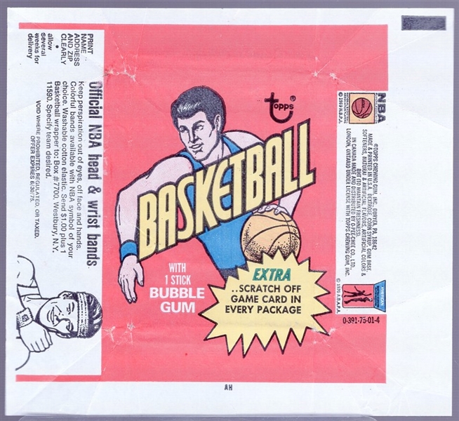 1974-75 Topps Basketball Wrappers- “Extra Scratch Off Game Card in Every Package” on front- Wrist bands side panel.