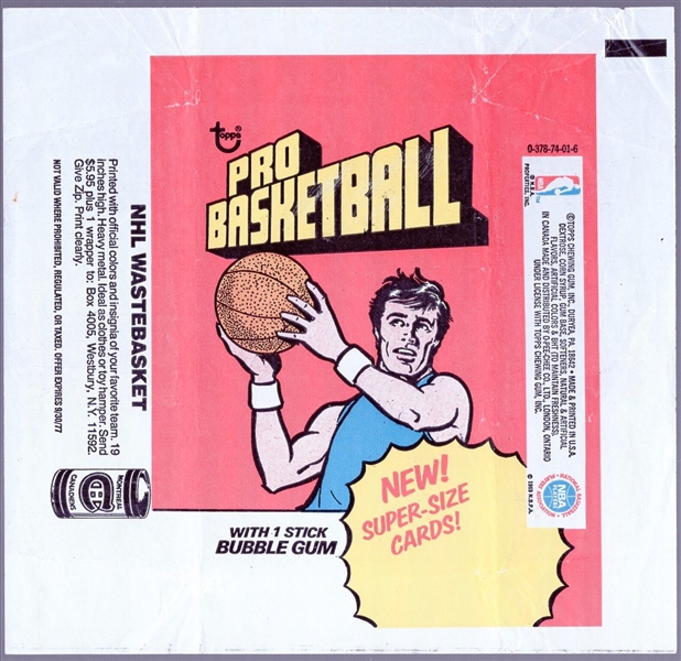 1976-77 Topps Basketball Wrapper- “New Super-Size Cards!”-  NHL Wastebasket side panel.