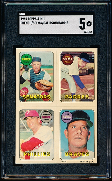 1969 Topps 4 in 1 Baseball- Jim French/ Dick Selma/ Johnny Callison/ Lum Harris- SGC 5 (Ex)