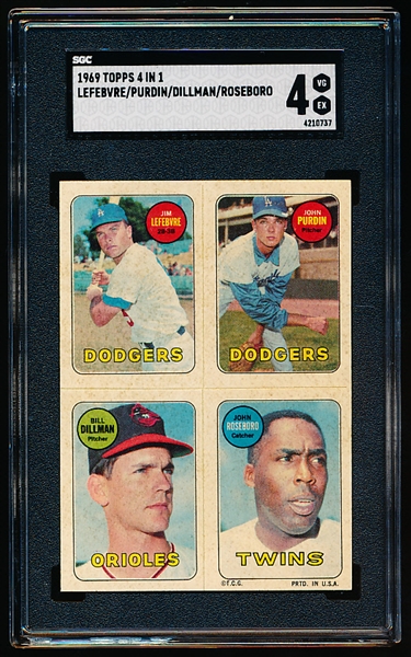 1969 Topps 4 in 1 Baseball- Jim Lefebvre/ John Purdin/ Dillman/ John Roseboro- SGC 4 (Vg-Ex)