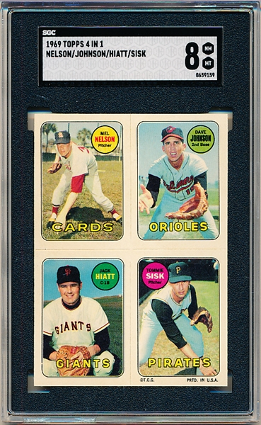 1969 Topps 4 in 1 Baseball- Mel Nelson/ Dave Johnson/ Jack Hiatt/ Tommy Sisk- SGC 8 (NrMt-Mt)