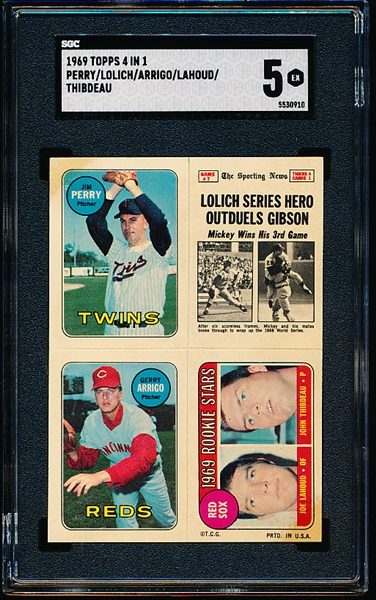 1969 Topps 4 in 1 Baseball- Jim Perry/ Lolich Series Hero Ouduels Gibson (WS Card #7)/ Arrigo/ Lahoud/ Thibedeau- SGC 5(Ex)