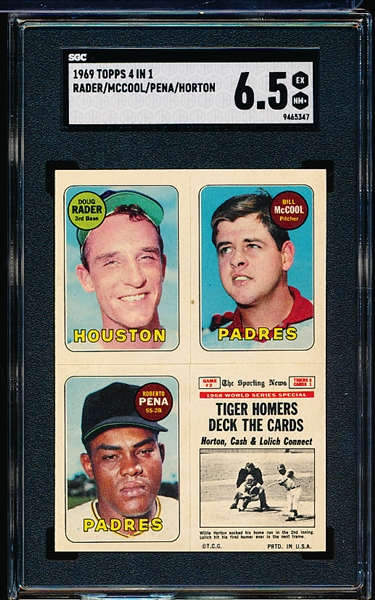 1969 Topps 4 in 1 Baseball- Doug Rader/ Bill McCool/ Roberto Pena/ WS Gane #2 (Tiger Homers Deck The Cards)- SGC 6.5 (Ex-Nm)