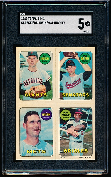 1969 Topps 4 in 1 Baseball- Ray Sadecki/ Baldwin/ JC Martin/ Dave May- SGC 5 (Ex)